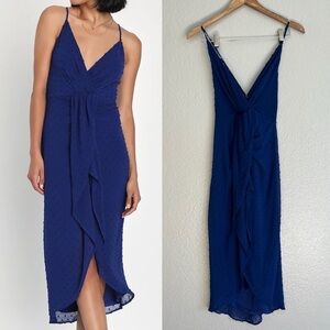 Stylish Invite Dark Blue Swiss Dot Surplice Midi Tulip Dress